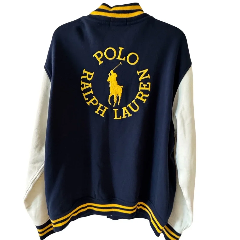 Polo Ralph Lauren Mens Varsity Letterman Jacket Navy Blue Yellow XL Logo Back